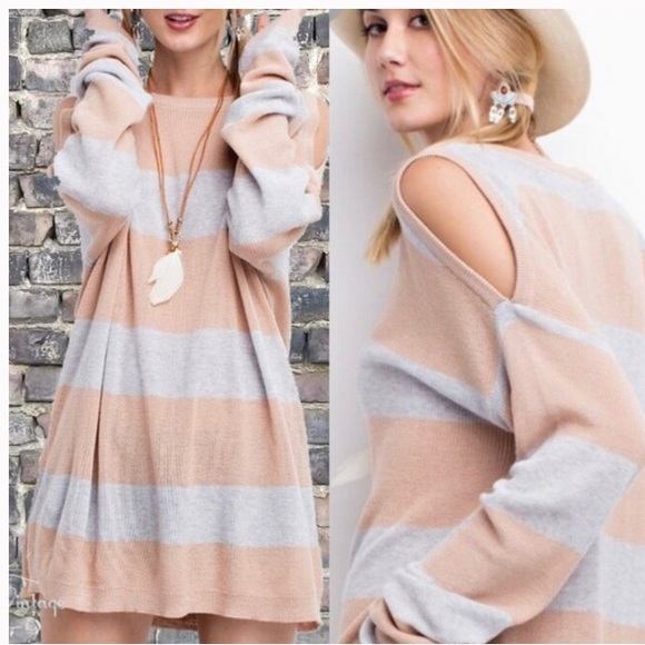 easel Sweaters - Cold Shoulder Loose Knit Long Sweater